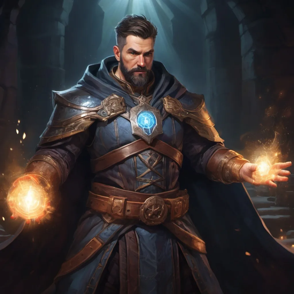 Prompt: Male stocky large mature cleric with short-cut hair and beard, engaged in combat casting a prismatic-light spell inside of a dark dungeon, pathfinder, d&d setting, in a realistic high quality digital art style, enhanced shadow quality, colorful