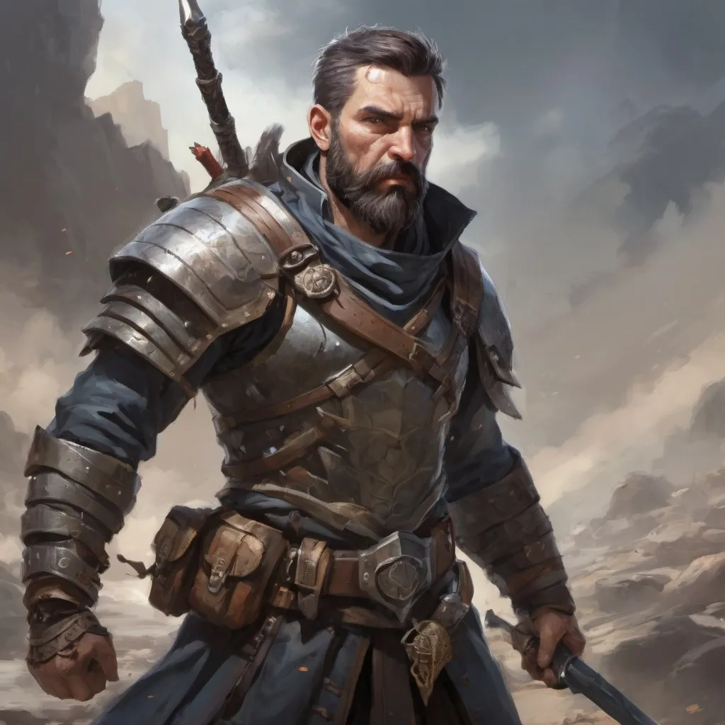 Prompt: Male heavy-set mature fit warrior with short-cut hair and beard, holding fantasy-weapon , in a windy battlefield, pathfinder, d&d setting, enhanced shadow quality