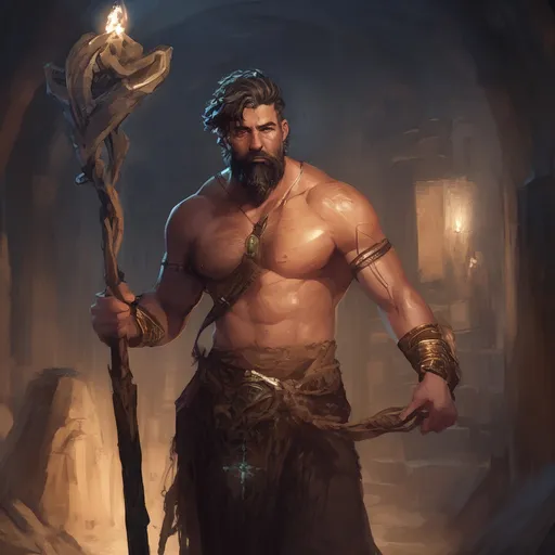 Prompt: (Full body) male stocky arcane-druid with short-cut hair and beard, holding magic staff with swirly lights, no shirt on, very-hairy chest, in a dark underground dungeon temple, pathfinder, d&d setting, in a realistic digital art style