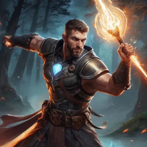 Prompt: Male stocky large muscular templar with short-cut hair and beard, in combat casting a magic-ray out of hands in nature at night, pathfinder, d&d setting, in a realistic high quality digital art style, enhanced shadow quality, colorful