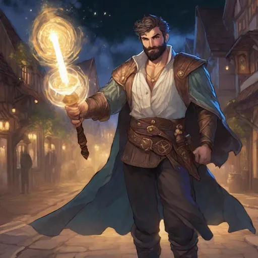 Prompt: (Full body) A male short-haired cleric with open shirt hairy chest and short beard holding a mace in one hand big nose magic light swirl from other hand, manly, dungeons and dragons fantasy setting, night time in a town street, in a painted style