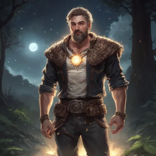 Prompt: (Full body) male stocky heavy-set 
transmuter with short hair and beard, hairy chest, casting swirly bright spell, in nature at night, pathfinder, d&d setting, in a realistic high quality digital art style