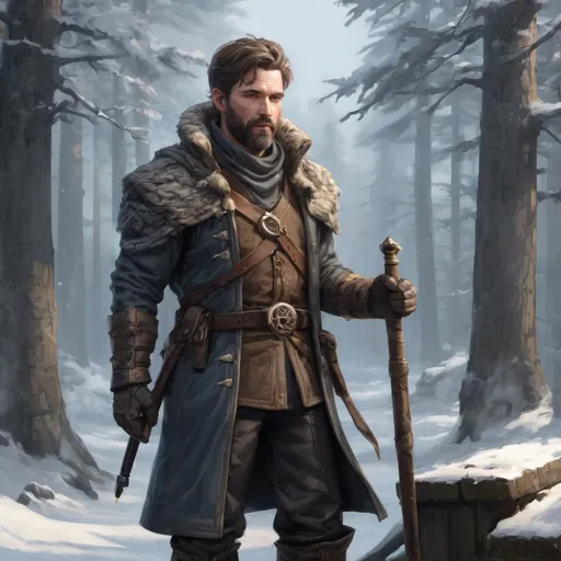 Prompt: Male stocky mature noble marksman, with short hair and beard, standing on an old temple in a winter forest, pathfinder, d&d setting, in a realistic high quality digital art style, enhanced shadow quality, colorful