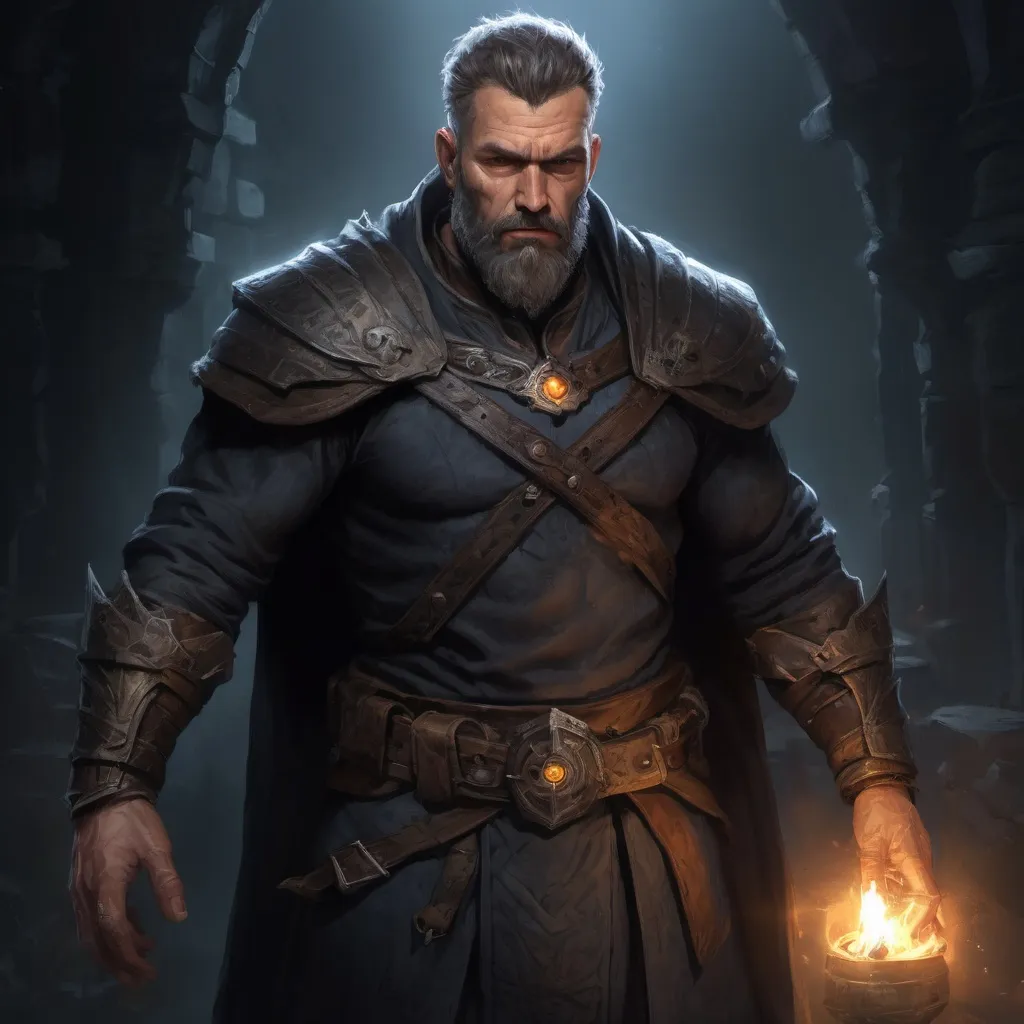Prompt: Male heavy-set mature muscular sorcerer with short-cut hair and beard, in a dark dungeon, pathfinder, d&d setting, in a realistic high quality digital art style, enhanced shadow quality