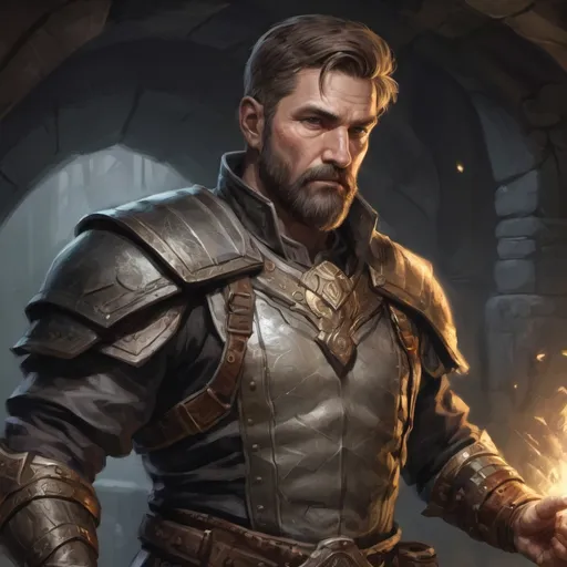 Prompt: (torso) Male stocky large fit 37-year old battle mage with short-cut hair and beard, casting a magic-ray out of hands in a underground dungeon, pathfinder, d&d setting, in a realistic high quality digital art style, enhanced shadow quality, colorful