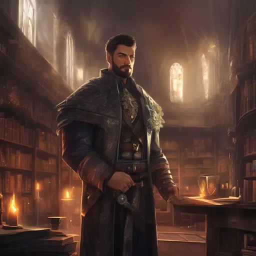 Prompt: (Full body) male stocky muscular big-chested young warlock with striped short hair and beard, hairy chest, casting swirly bright spell, in a dark library, pathfinder, d&d setting, in a realistic high quality digital art style