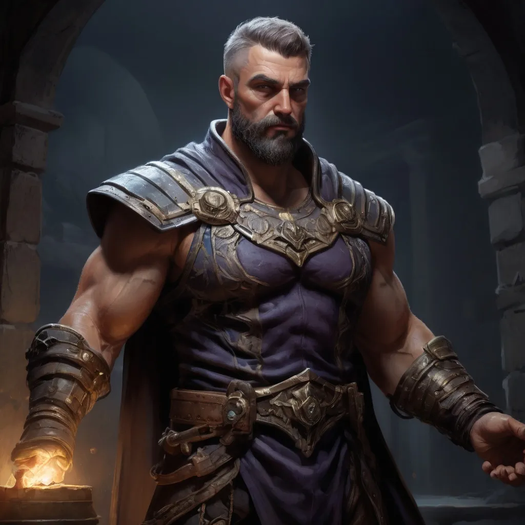 Prompt: Male stocky large muscular royal magus with short-cut hair and beard, exploring a dark trasure room, pathfinder, d&d setting, realistic, enhanced shadow quality