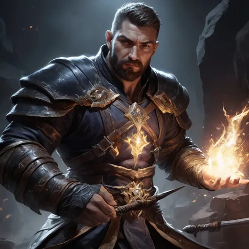 Prompt: Male stocky large muscular battle-mage with short-cut hair and beard, engaged in combat casting a white-light spell inside of a dark dungeon, pathfinder, d&d setting, realistic, enhanced shadow quality, colorful
