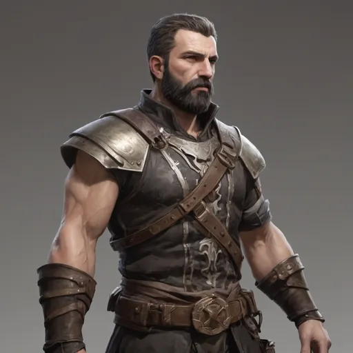 Prompt: (torso) Male heavy-set mature fit bard with short-cut hair and beard, holding fantasy-weapon , in a windy battlefield, pathfinder, d&d setting, enhanced shadow quality