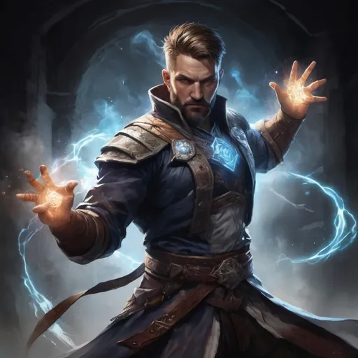 Prompt: (torso) Male stocky large battle-mage with short-cut hair and beard, engaged in combat casting a white-light spell inside of a dark dungeon, in movement, pathfinder, d&d setting, realistic, enhanced shadow quality, colorful