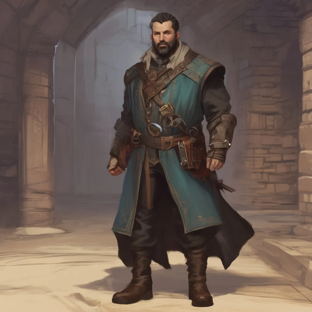 Prompt: (Full body) male stocky middle-aged magical artificer with black short-cut hair and beard, in a dark underground, pathfinder, d&d setting, in a realistic digital art style