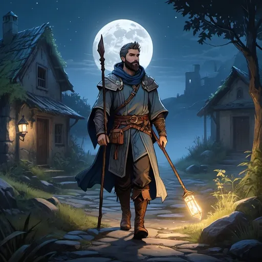 Prompt: (Full body) male druid with short hair and beard, holding a staff, exploring an abandoned town in the dark, pathfinder, d&d setting, in a drawn digital art style