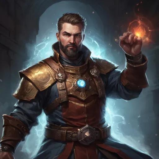 Prompt: (torso) Male stocky large mature cleric with short-cut hair and beard, engaged in combat casting a prismatic-spell inside a dungeon, pathfinder, d&d setting, in a realistic high quality digital art style, enhanced shadow quality