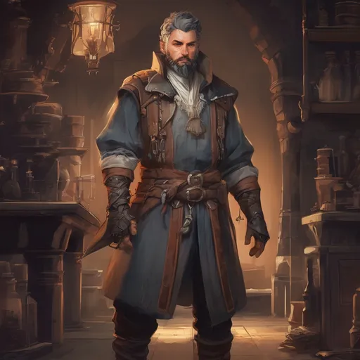 Prompt: (Full body) male stocky young alchemist with grey short-cut hair and beard, in a dark room, pathfinder, d&d setting, in a realistic digital art style