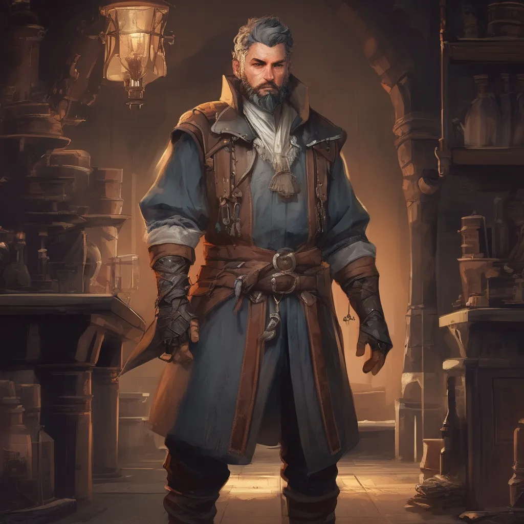 Prompt: (Full body) male stocky young alchemist with grey short-cut hair and beard, in a dark room, pathfinder, d&d setting, in a realistic digital art style