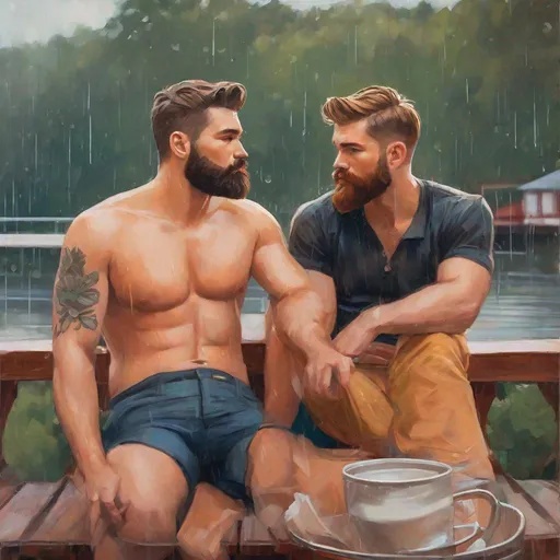 Prompt: Two handsome bearded large men with short-hair with no shirt on, romantic, rainy day, sitting a deck outside, trees in the background, in a painted style
