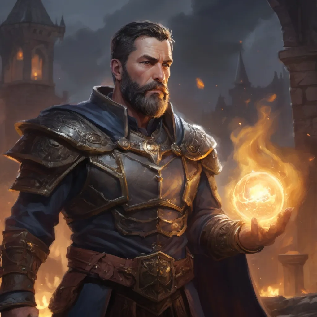 Prompt: Male heavy-set 42-year old muscular noble large sorcerer with short-cut hair and beard,  casting arcane-magic in a windy castleground at dusk, pathfinder, d&d setting, enhanced shadow quality