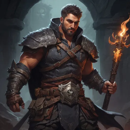 Prompt: Male stocky large warrior with short-cut hair and beard, exploring a dark dungeon fighter a shadow-monster, pathfinder, d&d setting, in a realistic high quality digital art style, enhanced shadow quality, colorful