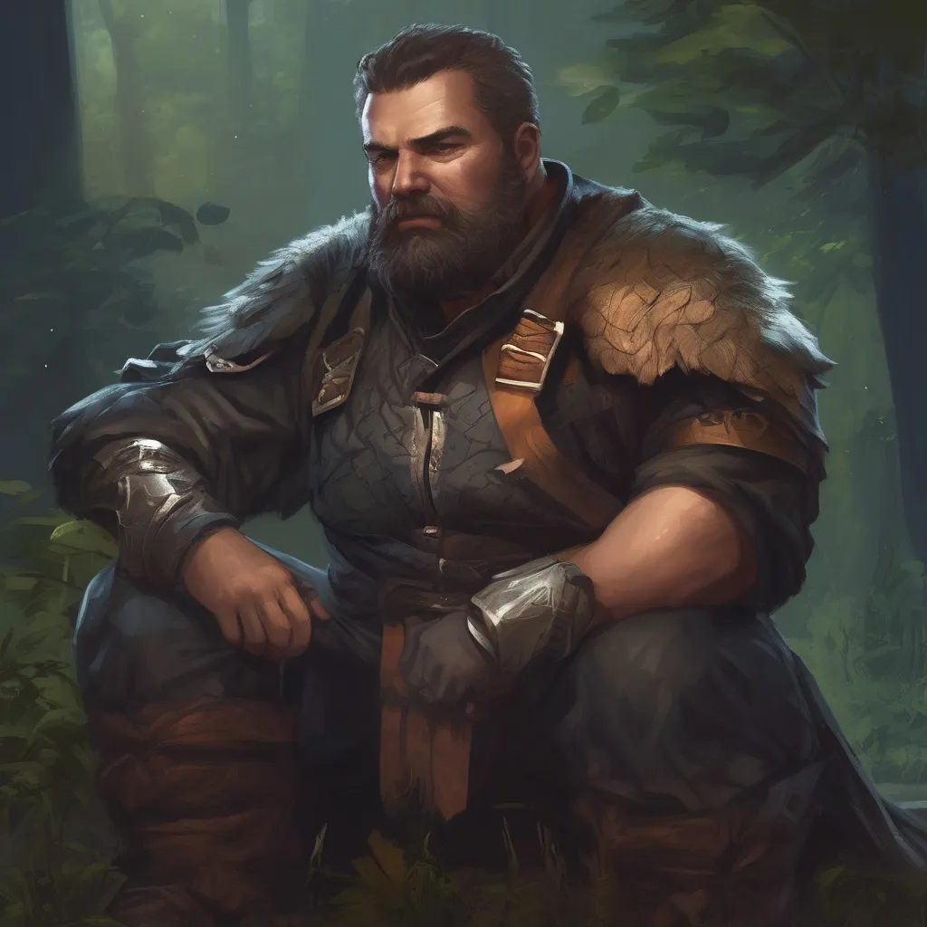 Prompt: (Full body) male stocky large warrior with short hair and beard, big belly, in nature at night, pathfinder, d&d setting, in a realistic digital art style