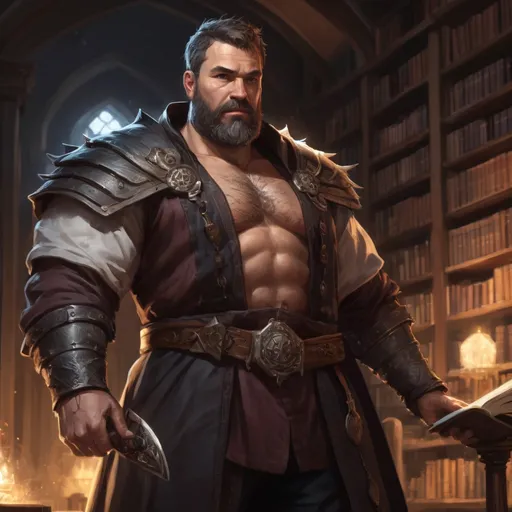 Prompt: a stocky fat mature male cleric with short hair and beard, no shirt on,  in a dark library, d&d setting, pathfinder, realistic art style, enhanced shadow quality