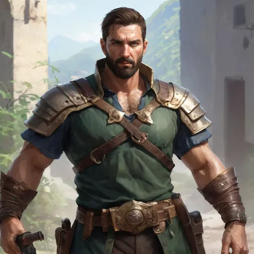 Prompt: (torso) Male stocky large fit 37-year old Link with short-cut hair and beard, open shirt hairy chest, in combat casting a magic-ray out of hands in a windy path, pathfinder, d&d setting, in a realistic high quality digital art style, enhanced shadow quality, colorful