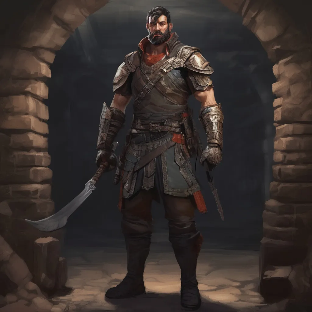 Prompt: (Full body) male stocky middle-aged warrior with black short-cut hair and beard, in a dark underground, pathfinder, d&d setting, in a realistic digital art style