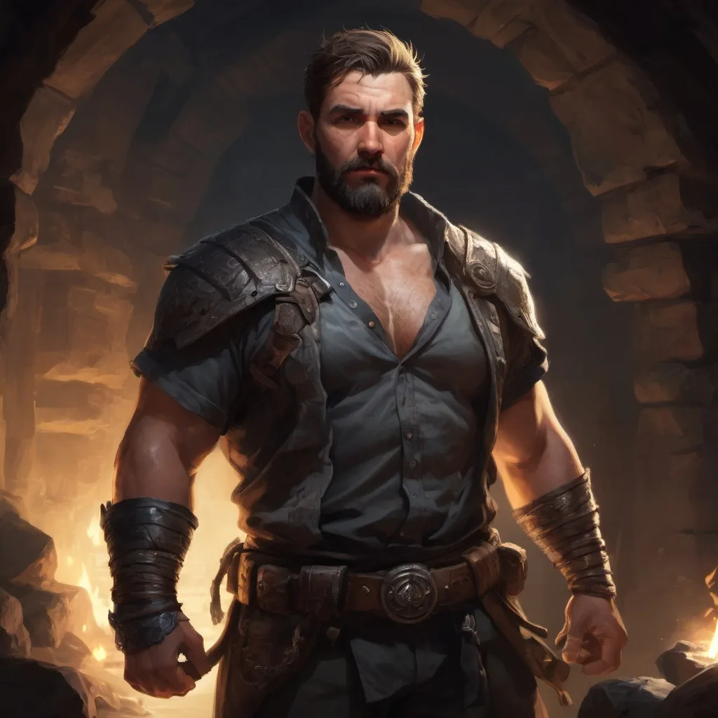 Prompt: Male stocky heavy-built warrior with short-cut hair and beard, open shirt hairy chest, with a big belly, inside a cavern dungeon at night, pathfinder, d&d setting, in a realistic high quality digital art style, enhanced shadow quality