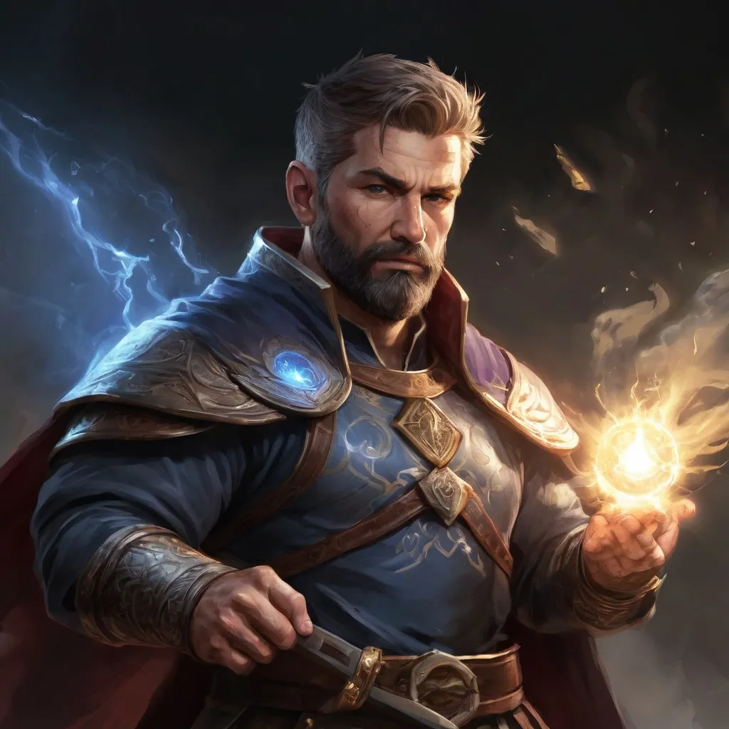 Prompt: (torso) Male stocky large mature fit battle-mage with short-cut hair and beard, engaged in combat casting a light-spell  nature, pathfinder, d&d setting, enhanced shadow quality