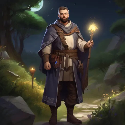 Prompt: (Full body) male magical stocky cleric with short hair and beard, in nature at night, pathfinder, d&d setting, in a realistic digital art style