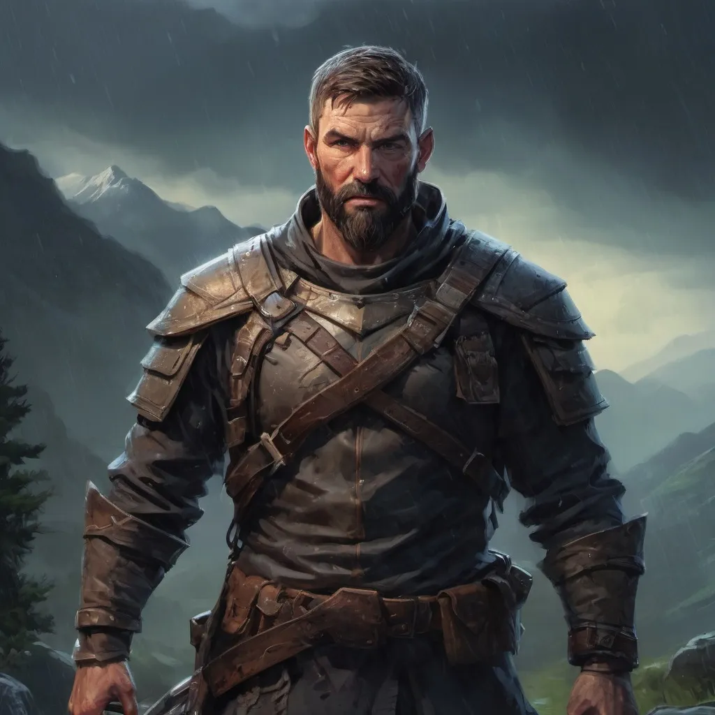 Prompt: (head and torso) Male heavy-set mature fantasy-ranger with short-cut hair and beard, holding weapon, in a mountain valley at night. in rain, in combat, pathfinder, d&d setting, in a realistic high quality digital art style, enhanced shadow quality