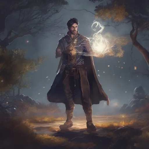 Prompt: (Full body) male muscular summoner with short hair and beard, in nature at night, casting a spell, pathfinder, d&d setting, in a realistic digital art style