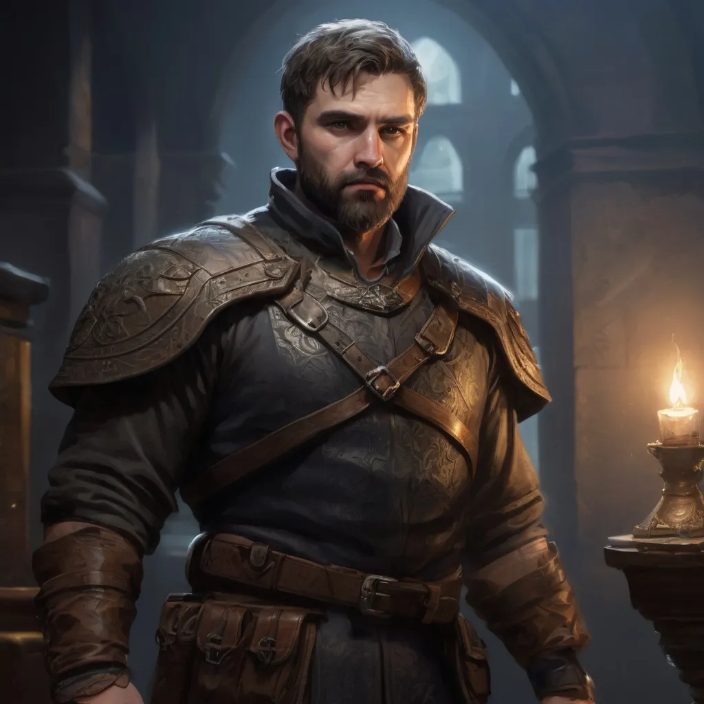 Prompt: Male stocky large royal spy with short-cut hair and beard, exploring a dark trasure room, pathfinder, d&d setting, realistic, enhanced shadow quality