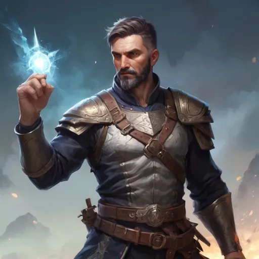 Prompt: (torso) Male heavy-set mature fit magical alchemist with short-cut hair and beard, holding fantasy-weapon, in movement, in a windy battlefield, pathfinder, d&d setting, enhanced shadow quality