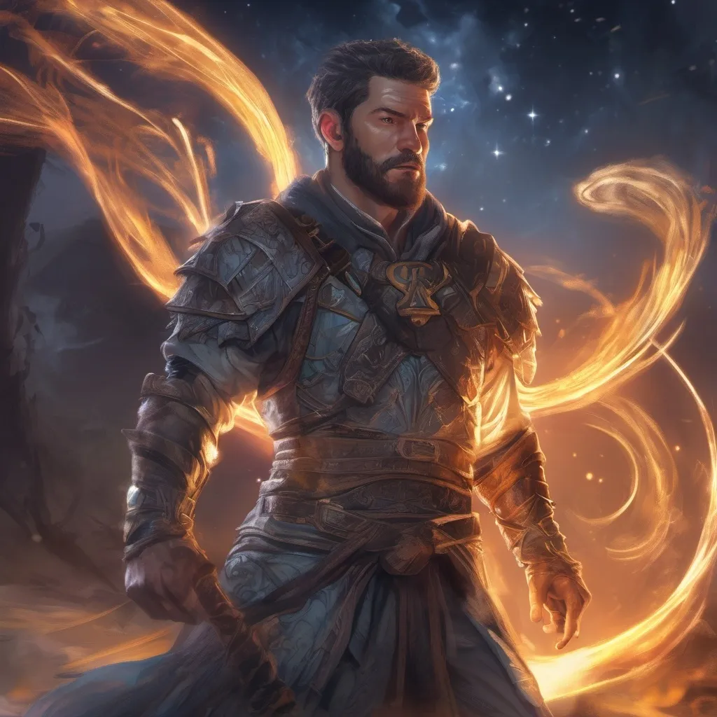 Prompt: (Full body) male stocky warrior of light with striped short hair and beard, casting swirly bright astral spell, in nature at night, pathfinder, d&d setting, in a realistic digital art style