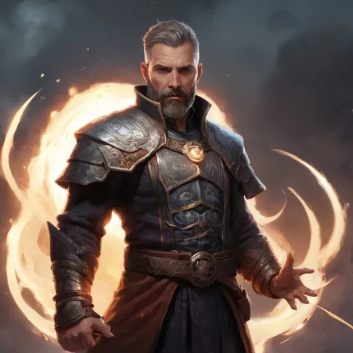 Prompt: (torso) Male stocky large mature fit battle-mage with short-cut hair and beard, engaged in combat casting a light-spell in movement, pathfinder, d&d setting, realistic, enhanced shadow quality