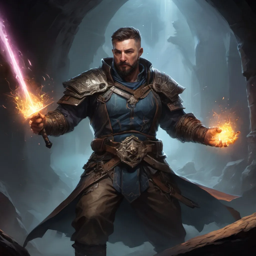 Prompt: Male stocky large mature arcane-hunter with short-cut hair and beard, engaged in combat casting a prismatic-light spell inside of a dark dungeon, pathfinder, d&d setting, in a realistic high quality digital art style, enhanced shadow quality, colorful