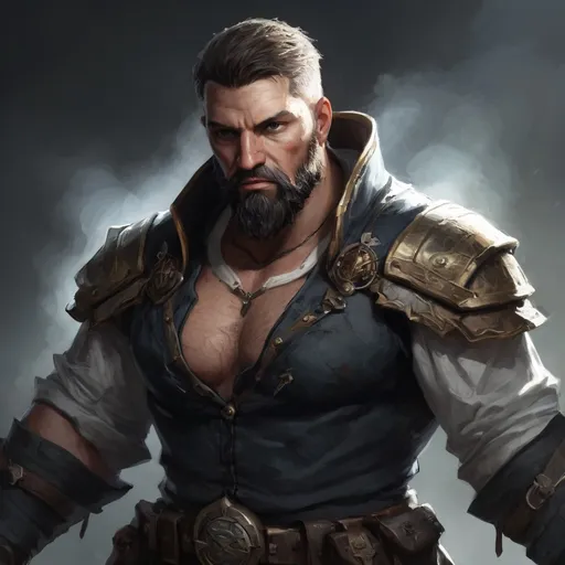 Prompt: (torso) Male stocky large fat 39-year old battle-mage with short-cut hair and beard, open shirt hairy chest, engaged in combat casting an arcane-spell inside of a dark dungeon, in movement, pathfinder, d&d setting, realistic, enhanced shadow quality, colorful