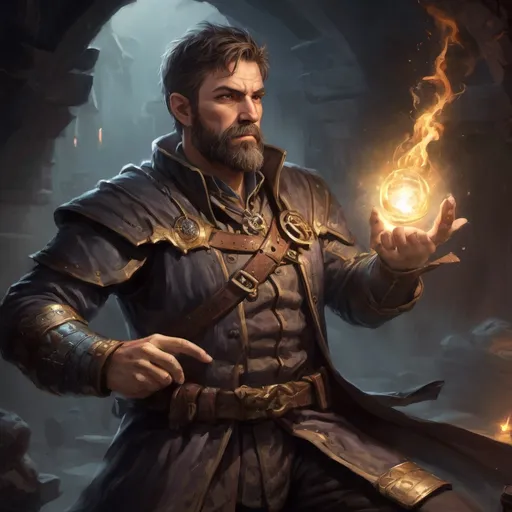 Prompt: (head and torso) Male stocky large mature alchemist with short-cut brown hair and beard, engaged in combat casting a light spell inside of a dark dungeon, pathfinder, d&d setting, in a realistic high quality digital art style, enhanced shadow quality