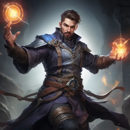 Prompt: Male stocky large battle-mage with short-cut hair and beard, engaged in combat casting a white-light spell inside of a dark dungeon, pathfinder, d&d setting, in a realistic high quality digital art style, enhanced shadow quality, colorful
