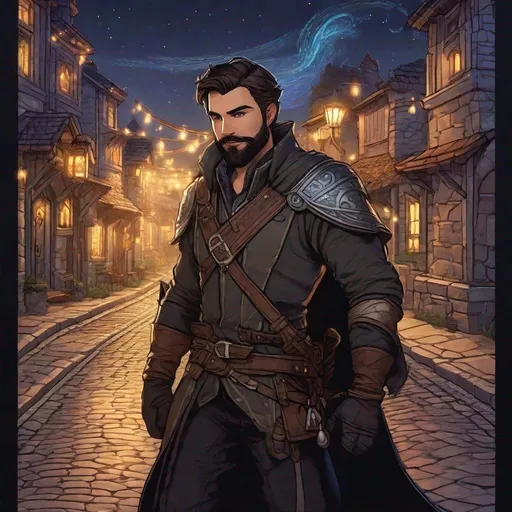 Prompt: A male ranger with dark short hair and beard, boots, magical swirls, standing on a road outside of a small town at night, pathfinder, dungeons & dragons, in a detailed realistic digital art style