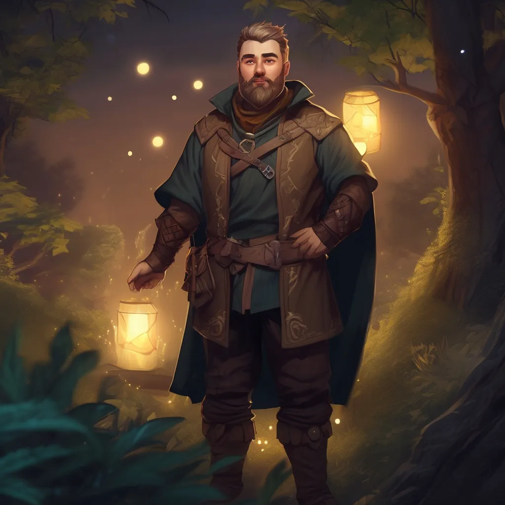 Prompt: (Full body) male magical stocky noble with short hair and beard, in nature at night, pathfinder, d&d setting, in a realistic digital art style