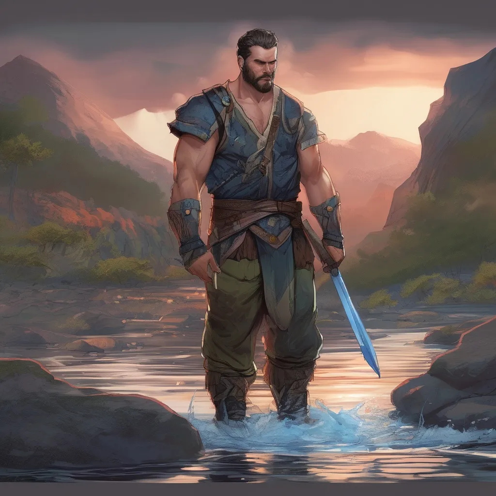 Prompt: (Full body) male stocky hairy-chested  warrior with short-cut hair and beard, no shirt on, bathing in a river in nature at night, pathfinder, d&d setting, in a realistic digital art style