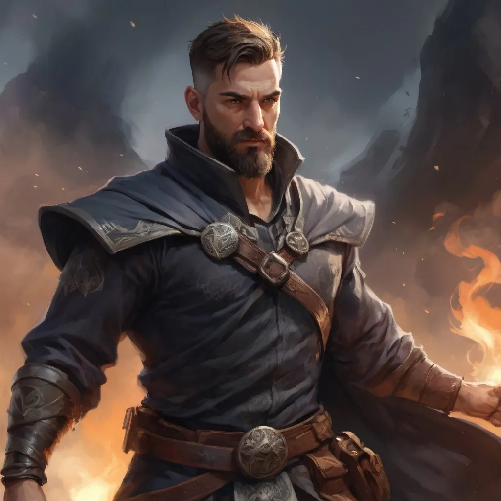 Prompt: (head and torso) Male heavy-set fit 30-year old hunky sorcerer with short-cut hair and beard, holding magic-spell, on a windy battlefield, pathfinder, d&d setting, enhanced shadow quality