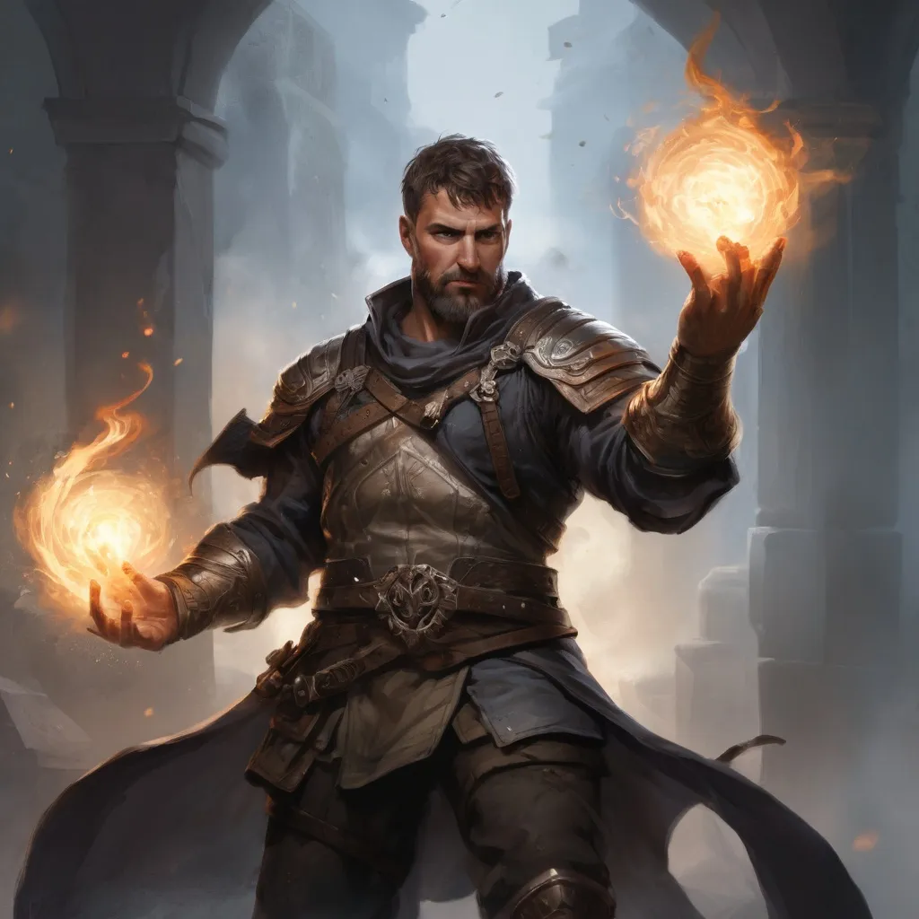 Prompt: (torso) Male stocky large mature fit battle-mage with short-cut hair and beard, engaged in combat casting a light-spell  nature, pathfinder, d&d setting, realistic, enhanced shadow quality