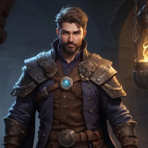 Prompt: Male stocky heavy-set magical engineer with short-cut hair and beard, fat, inside a temple dungeon at night, pathfinder, d&d setting, in a realistic high quality digital art style, enhanced shadow quality