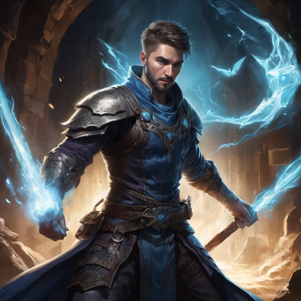 Prompt: Male stocky large battle-mage with short-cut hair and beard, engaged in combat casting a bright-azure spell, inside of a dark cavernous dungeon, pathfinder, d&d setting, in a realistic high quality digital art style, enhanced shadow quality, colorful