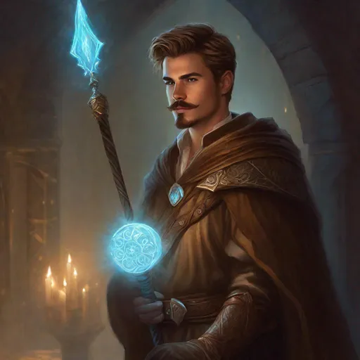 Prompt: (Full body) a male druid with mustache and stubble light-brown short-cut hair, handsome manly face, belt, boots, leather pants, holding magical staff, swirly lights, standing in a dark dungeon, fantasy setting, dungeons & dragons, in a painted style realistic art