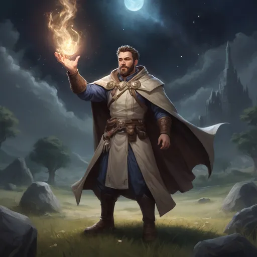 Prompt: Male stocky heavy-set cleric with short-cut hair and beard, casting a magical healing-spell out of hands, on a batle field at night, pathfinder, d&d setting, in a realistic high quality digital art style, enhanced shadow quality