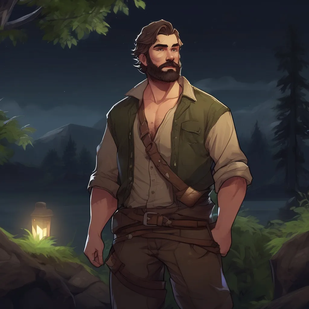 Prompt: (Full body) male stocky big-chested hairy-chested sneaky rogue with short hair and beard, open shirt, in nature at night, pathfinder, d&d setting, in a realistic digital art style