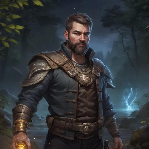 Prompt: (Full body) male stocky heavy-set 
transmuter with short hair and beard, hairy chest, casting bright spell, in nature at night, pathfinder, d&d setting